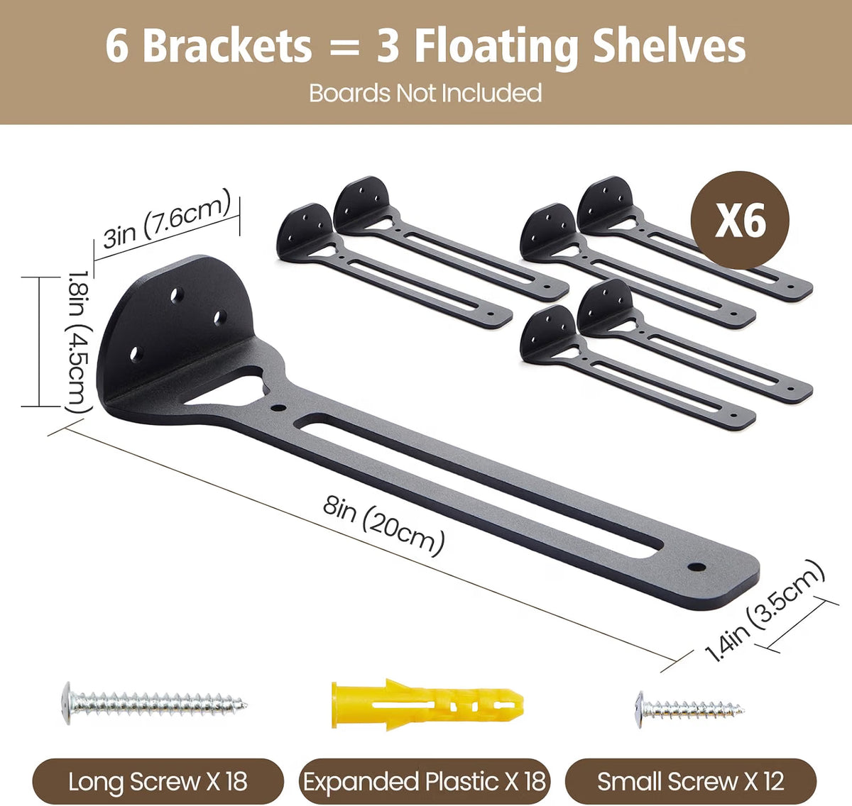 KHAMAL 6 Pack Heavy Duty Floating Shelf Brackets 20CM (8 Inch) - Black Industrial Wall Mounted Shelf Supports - Hidden Design