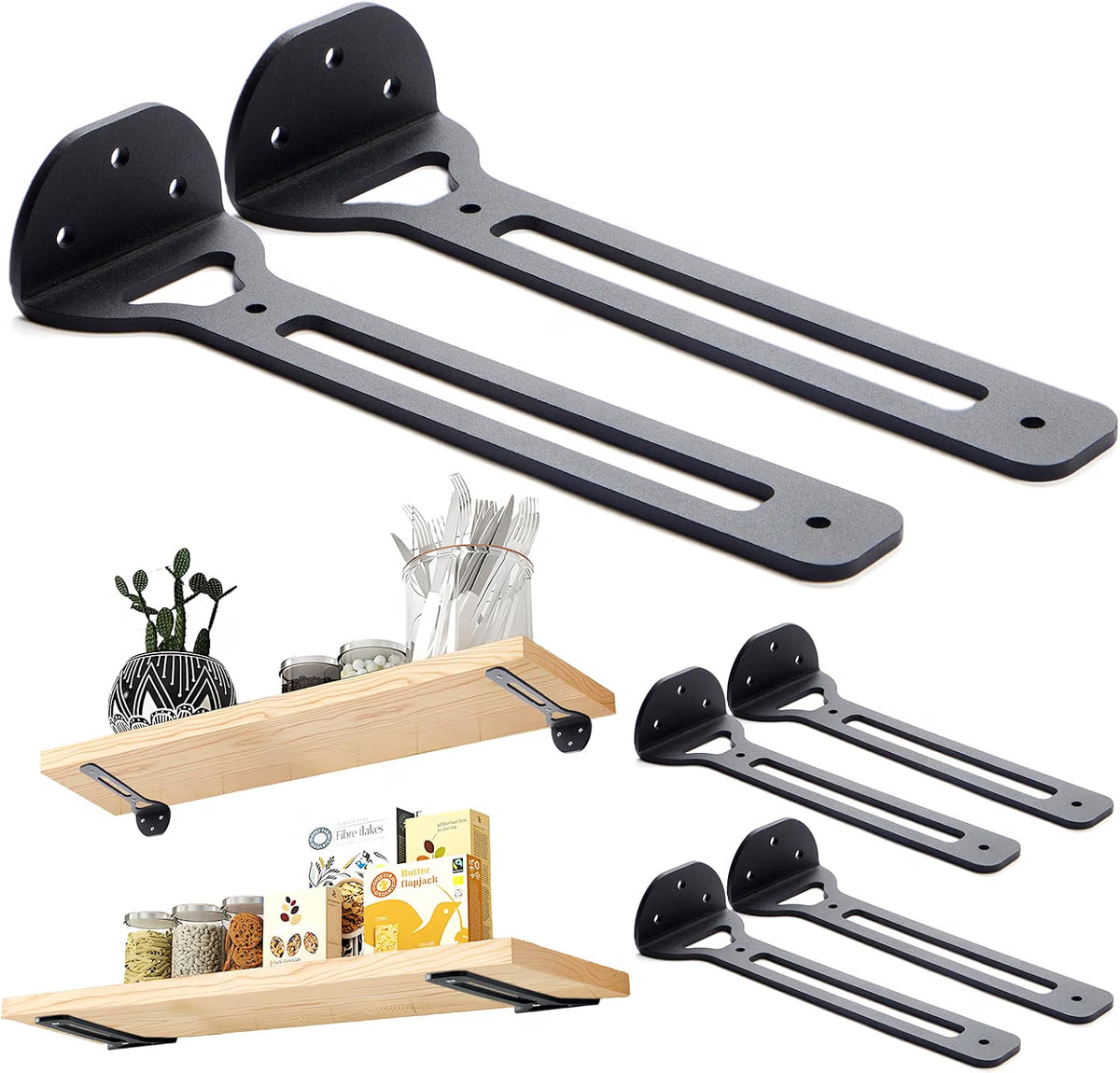 KHAMAL 6 Pack Heavy Duty Floating Shelf Brackets 20CM (8 Inch) - Black Industrial Wall Mounted Shelf Supports - Hidden Design