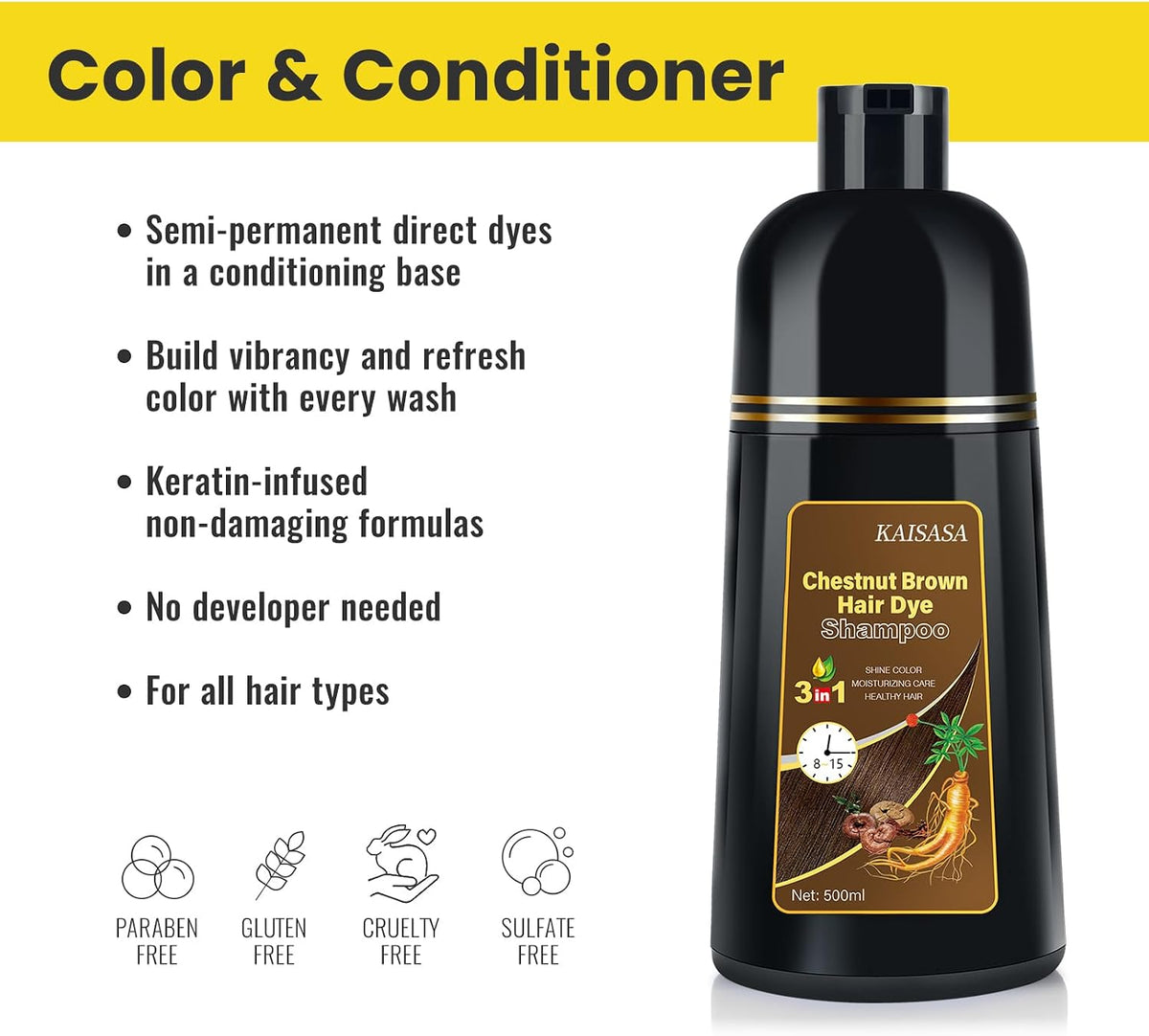 Kaisasa IIIMEIDU Chestnut Brown Hair Dye Shampoo 3 in 1 - 500ml Semi Permanent Grey Hair Cover - Natural Herbal Color Shampoo for Women & Men