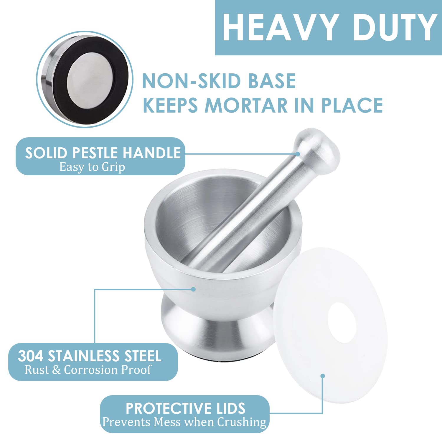 Keissco heavy-duty stainless steel mortar and pestle set with 1-cup capacity, non-skid base, silicone lid, ideal for spices and herbs.
