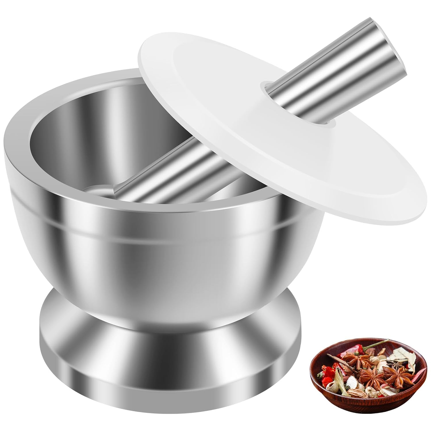 Keissco heavy duty stainless steel mortar and pestle set with 1-cup capacity, non-skid base, silicone lid, for spices, herbs, and nuts.