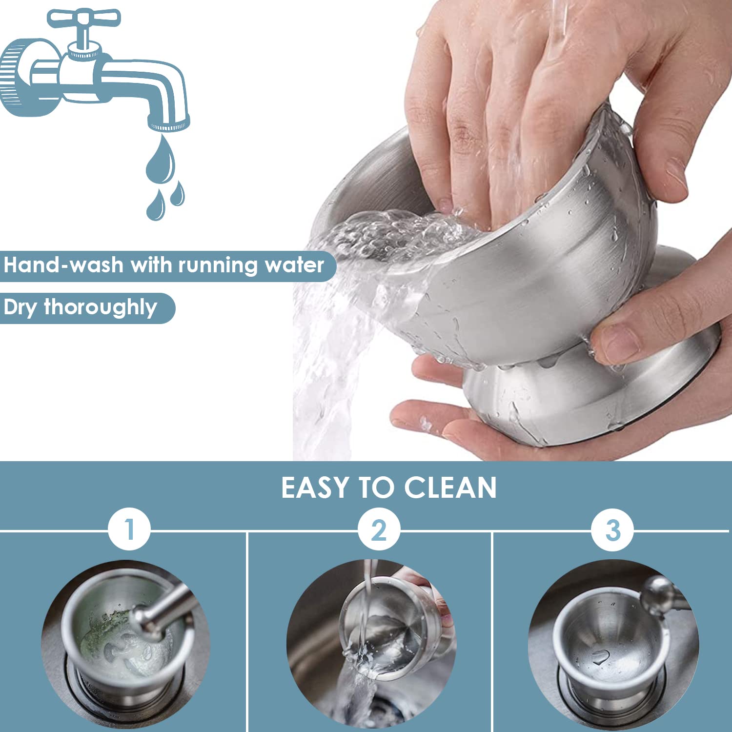 Keissco heavy duty stainless steel mortar and pestle set with 1-cup capacity, non-skid base, silicone lid, used for spices, herbs, and coffee beans.