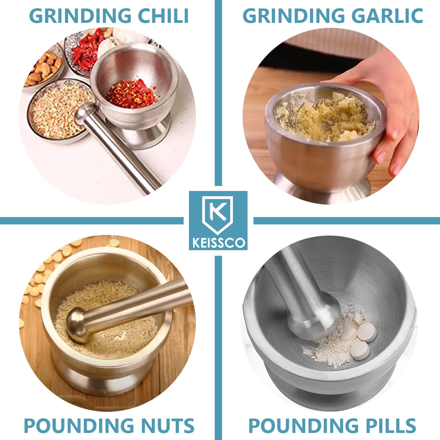 Keissco heavy duty stainless steel mortar and pestle set with 1-cup capacity, non-skid base, silicone lid, for spices, herbs, and nuts.