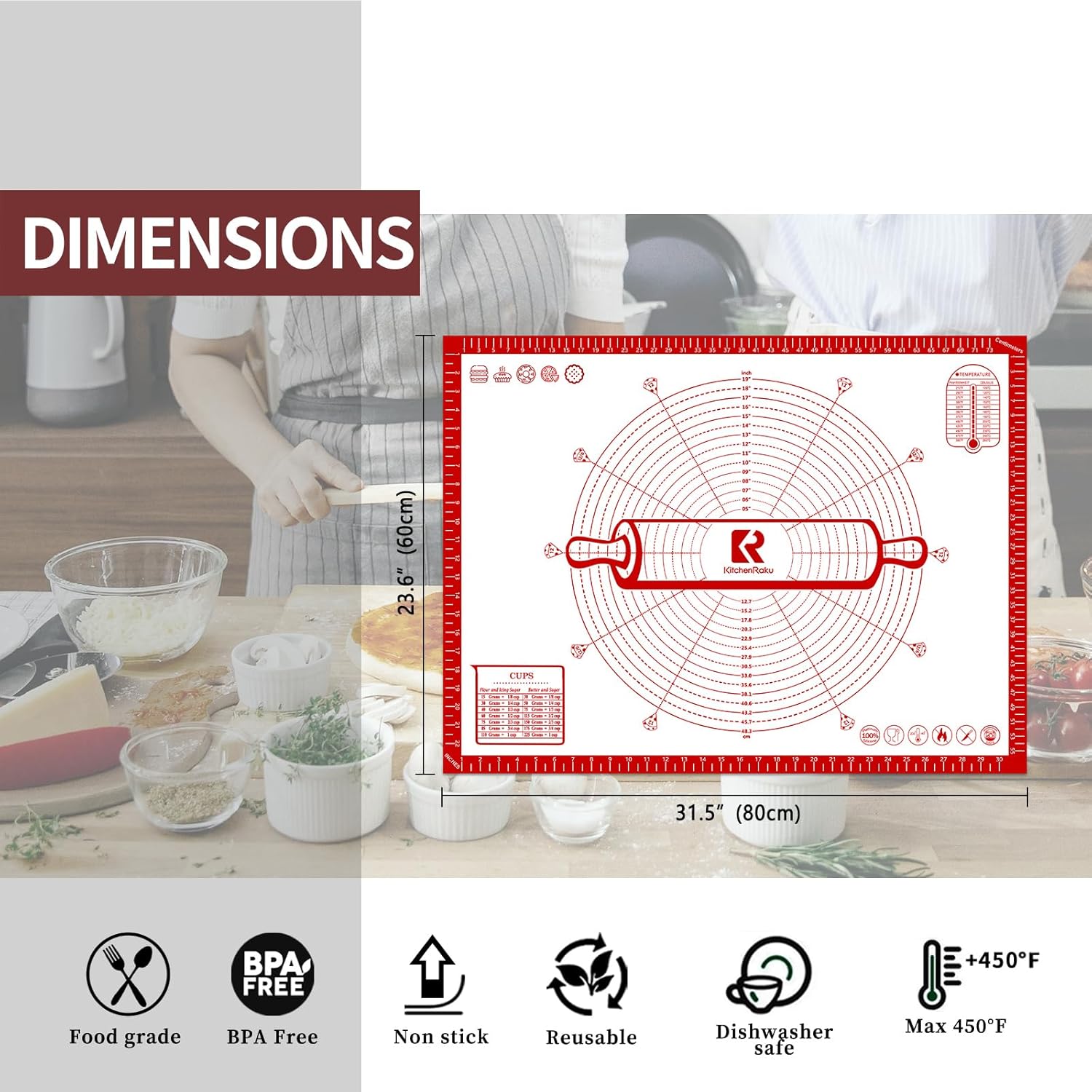 KitchenRaku 60x80cm Non-Stick Silicone Pastry Mat - Thick, Durable & Extra-Large Dough Rolling Board with Measurement Guide - Zeta Store