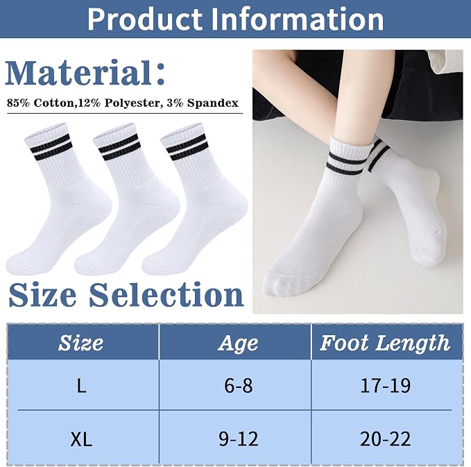 Kooogear kids socks, 6 pairs of white cotton cushioned calf socks with black stripes for boys and girls aged 6-8 years.