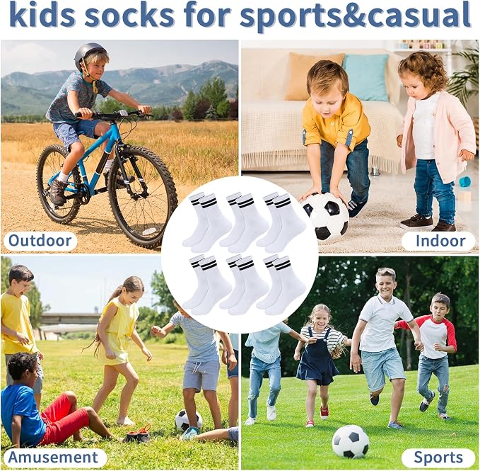 KOOOGEAR kids socks, white cotton calf socks with black stripes, cushioned, breathable, suitable for boys and girls age 6-8 years.
