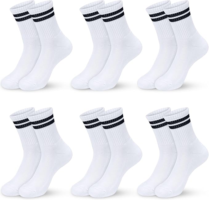 Kooogear 6 Pairs Kids Socks Age 6-8 Years - White Cotton Cushioned Calf Socks With Black Stripes, Breathable School Sports Socks For Boys & Girls Age 6-8 Years