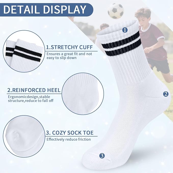 Kooogear 6 Pairs Kids Socks Age 6-8 Years - White Cotton Cushioned Calf Socks With Black Stripes, Breathable School Sports Socks For Boys & Girls Age 6-8 Years