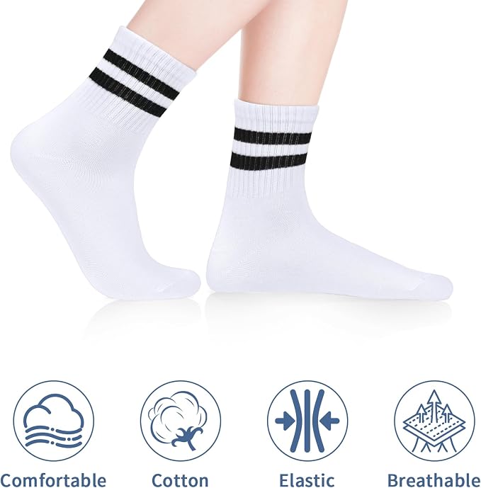 Kooogear 6 Pairs Kids Socks Age 6-8 Years - White Cotton Cushioned Calf Socks With Black Stripes, Breathable School Sports Socks For Boys & Girls Age 6-8 Years