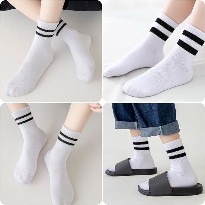 Kooogear 6 Pairs Kids Socks Age 6-8 Years - White Cotton Cushioned Calf Socks With Black Stripes, Breathable School Sports Socks For Boys & Girls Age 6-8 Years