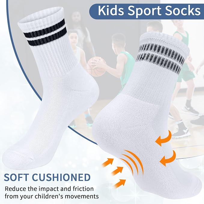 Kooogear 6 Pairs Kids Socks Age 6-8 Years - White Cotton Cushioned Calf Socks With Black Stripes, Breathable School Sports Socks For Boys & Girls Age 6-8 Years
