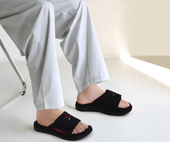 KuaiLu Men's Winter Slippers - Adjustable Warm Fuzzy Sandals with Arch Support & Non-Slip Sole