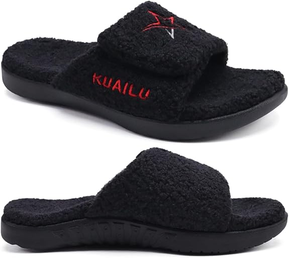 KuaiLu Men's Winter Slippers - Adjustable Warm Fuzzy Sandals with Arch Support & Non-Slip Sole