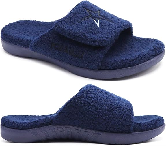KuaiLu Men's Winter Slippers - Adjustable Warm Fuzzy Sandals with Arch Support & Non-Slip Sole