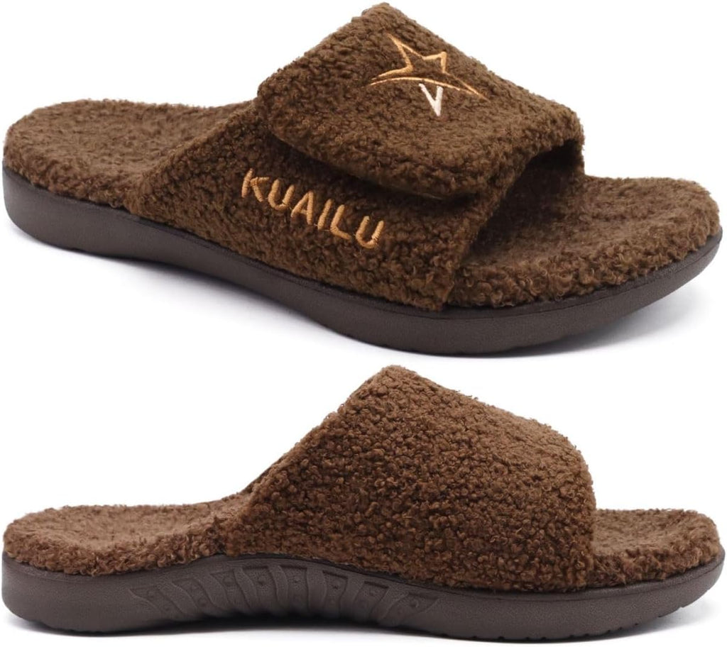 KuaiLu Men's Winter Slippers - Adjustable Warm Fuzzy Sandals with Arch Support & Non-Slip Sole