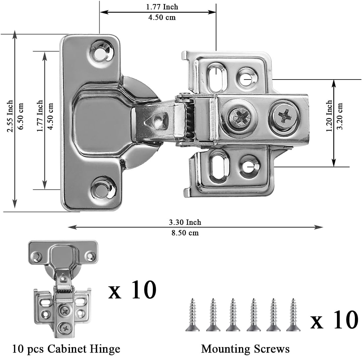 Kyraton Cabinet Hinges 10 Pack (5 Pair) - Stainless Steel 1/2" Overlay Soft Close Hinges for Kitchen Cabinets with Screws