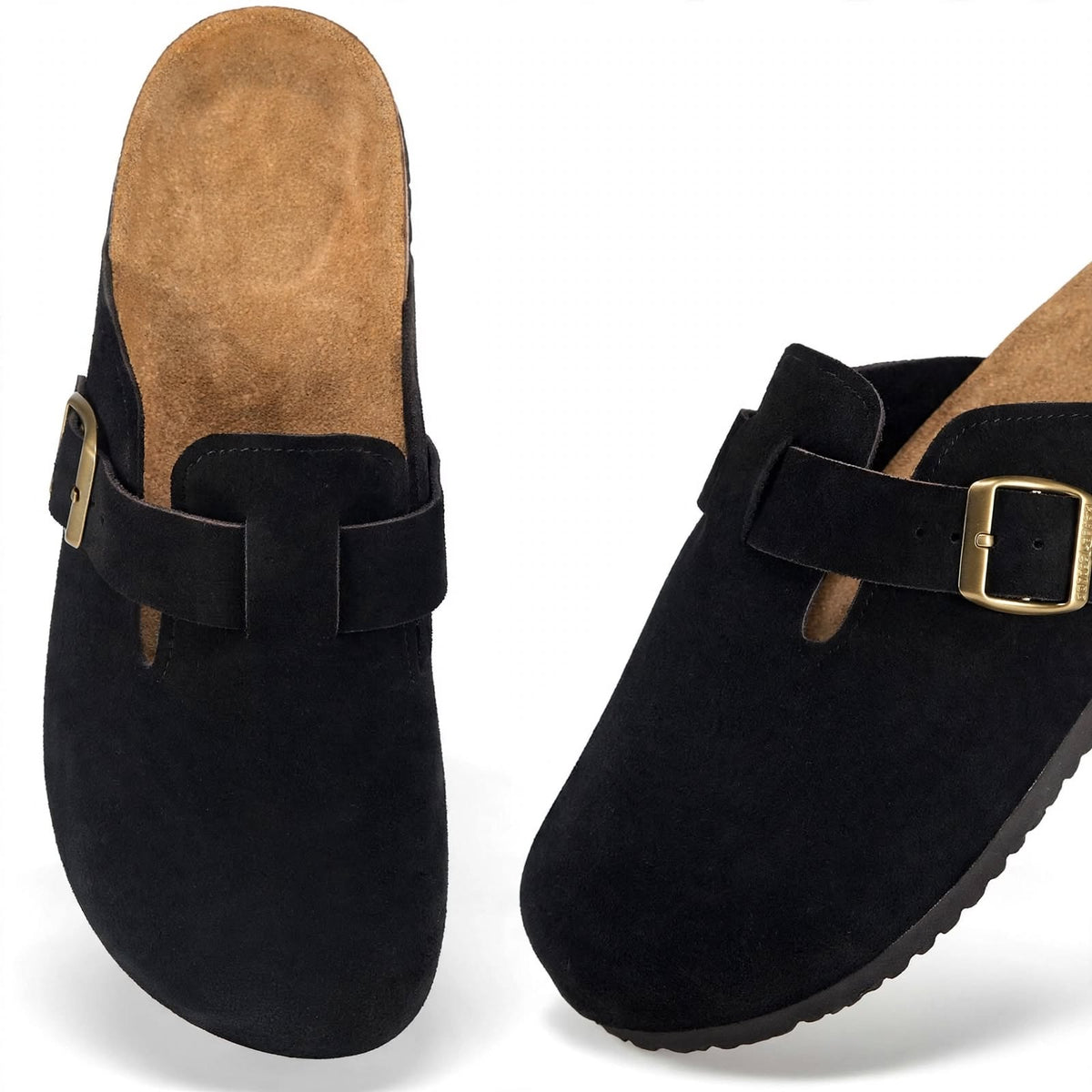 LANGDU Unisex Suede Clogs Mules Sandals - Black - Size UK 10.5 / EU 45 - Buckle Cork Footbed