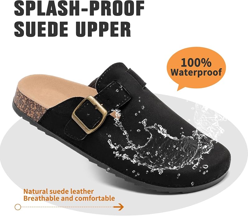 LANGDU Unisex Suede Clogs Mules Sandals - Black - Size UK 10.5 / EU 45 - Buckle Cork Footbed