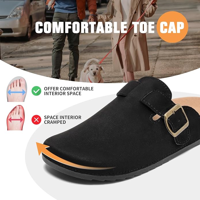 LANGDU Unisex Suede Clogs Mules Sandals - Black - Size UK 10.5 / EU 45 - Buckle Cork Footbed