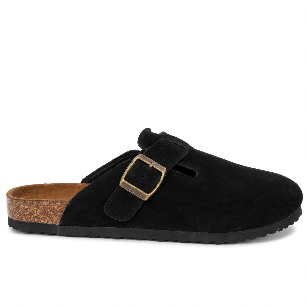 LANGDU Unisex Suede Clogs Mules Sandals - Black - Size UK 10.5 / EU 45 - Buckle Cork Footbed