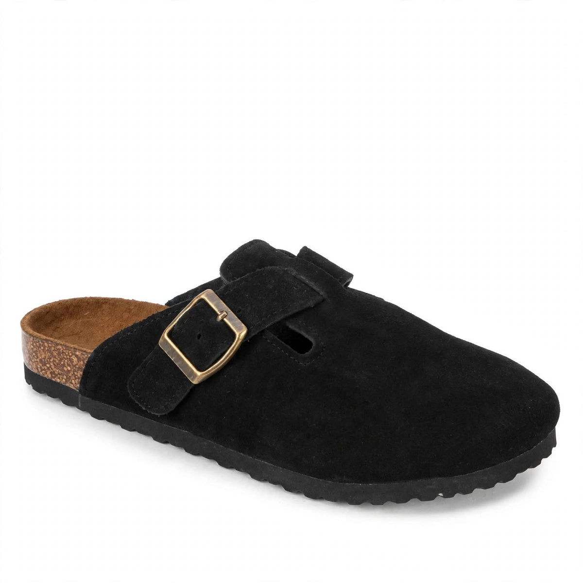 LANGDU Unisex Suede Clogs Mules Sandals - Black - Size UK 10.5 / EU 45 - Buckle Cork Footbed
