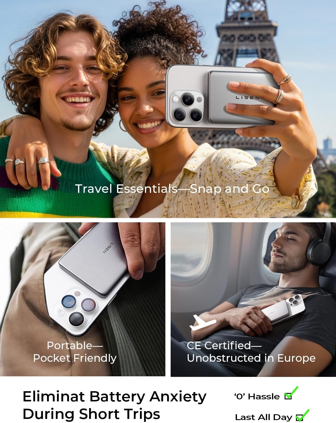 LISEN 0.3" Ultra Slim MagSafe Power Bank | 5,000mAh Alloy Magnetic Battery Pack | 7.5W Fast Charging | Intelligent Temp Control