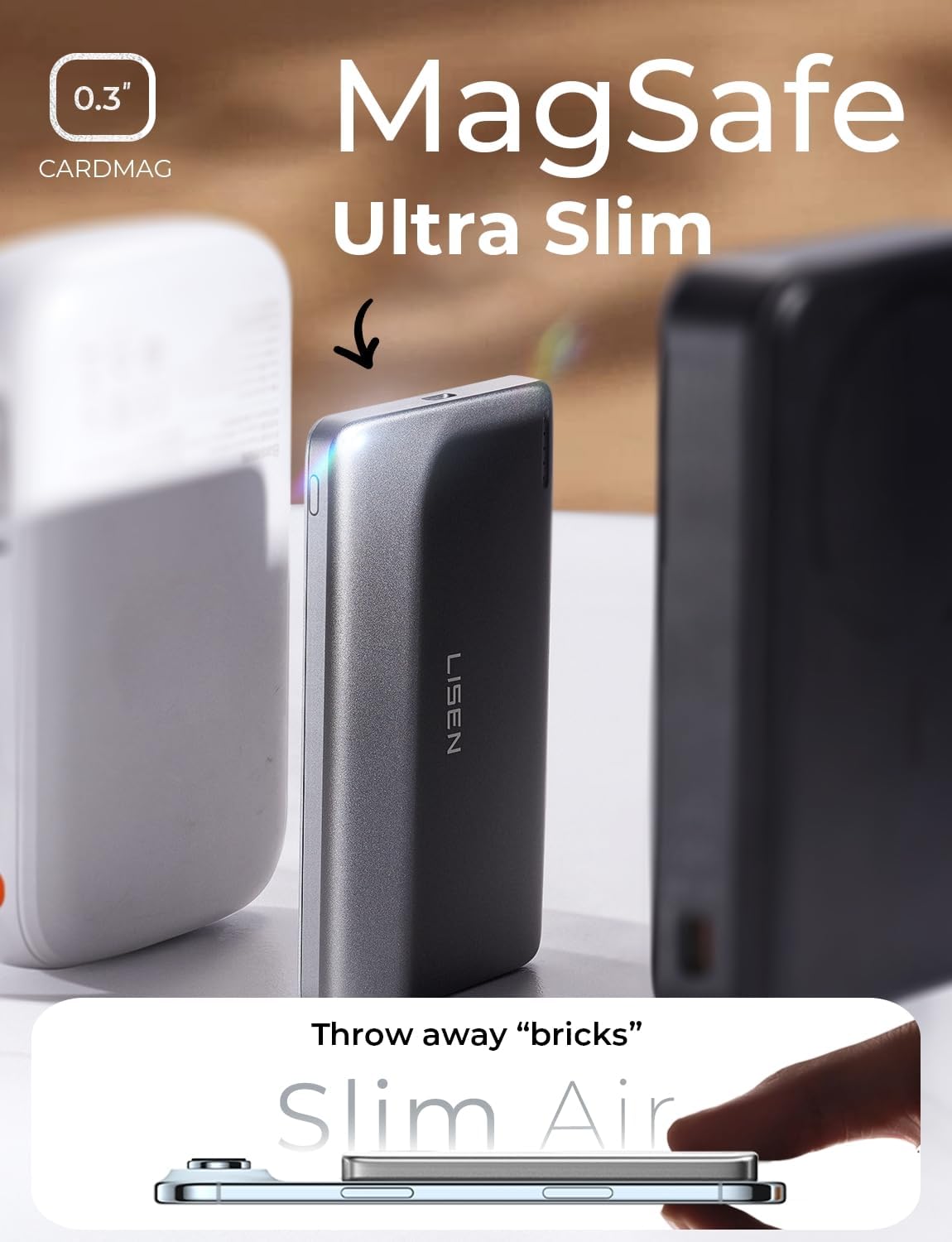 LISEN 0.3" Ultra Slim MagSafe Power Bank | 5,000mAh Alloy Magnetic Battery Pack | 7.5W Fast Charging | Intelligent Temp Control