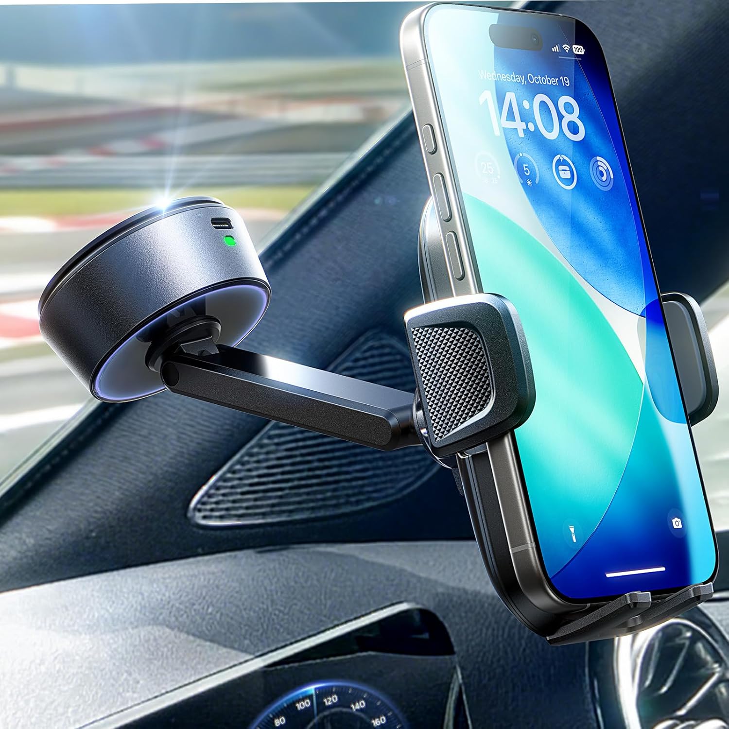 LISEN A680 electric vacuum suction car phone holder with 360° rotation and no-stick design, fitting all phone models.