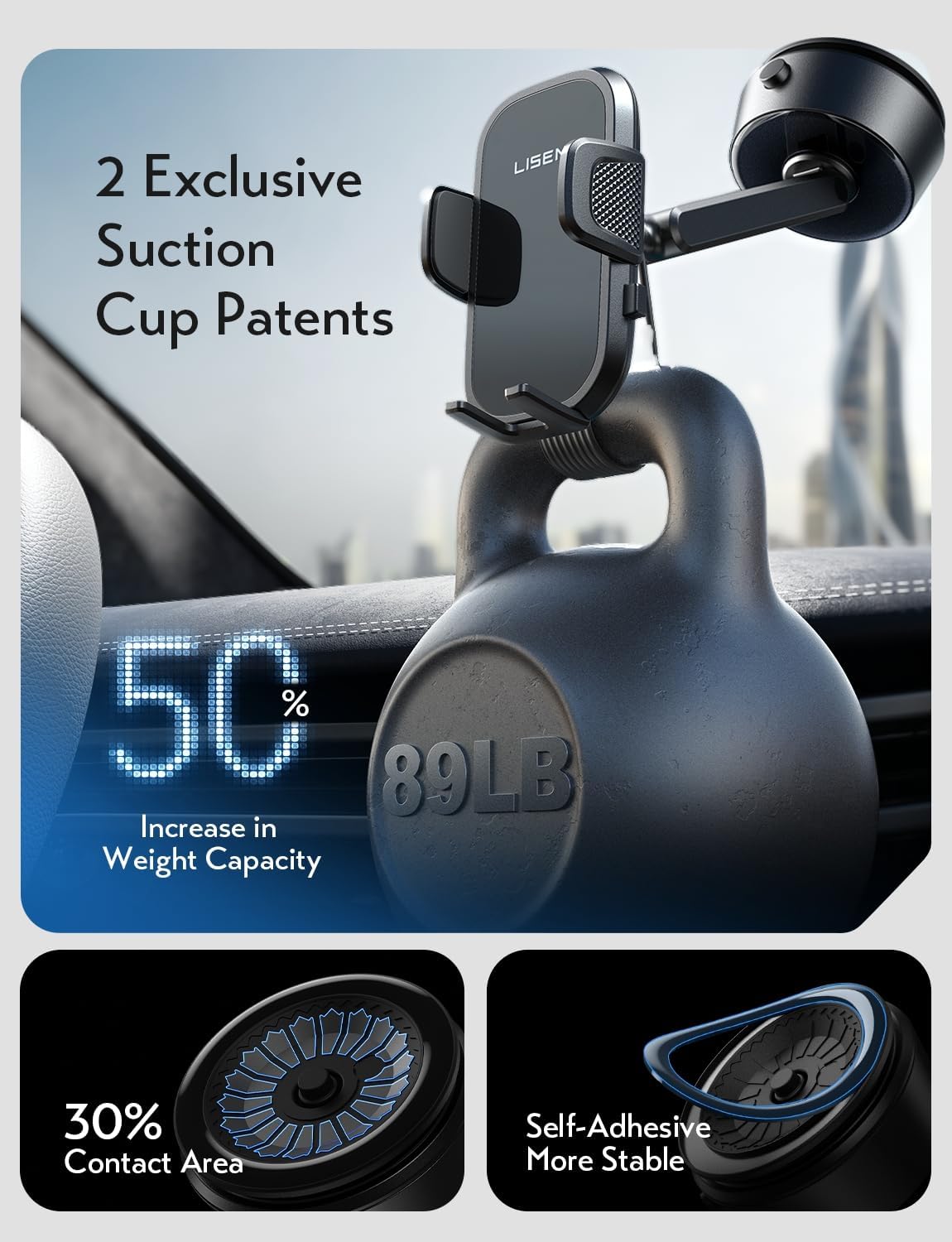 LISEN A680 electric vacuum car phone holder with 360° rotation and auto-suction mount for all phone types.