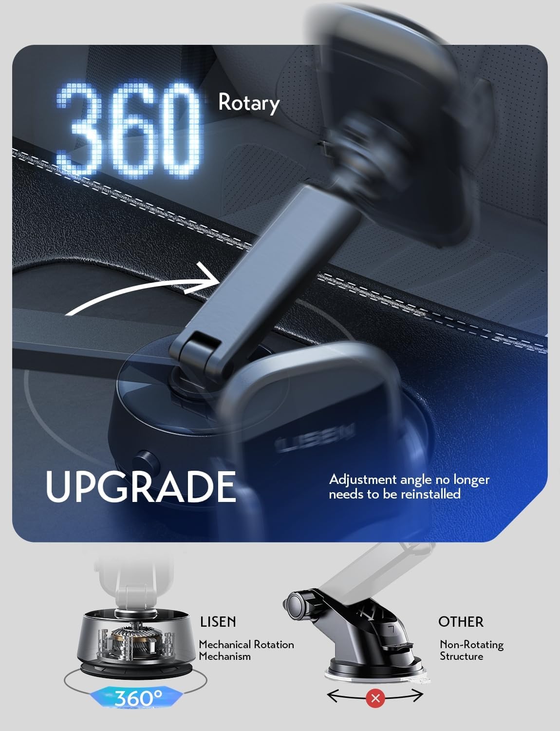 LISEN A680 car phone holder with electric suction, 360° rotation, fits all phone sizes, mounted on car dashboard with suction cup