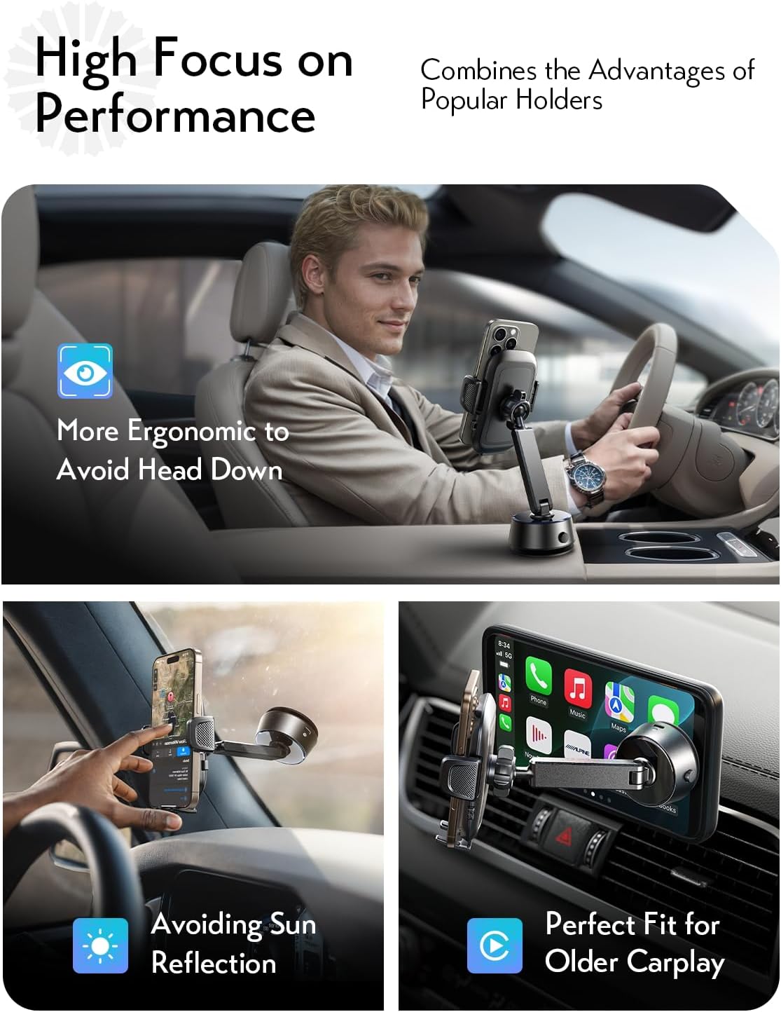 LISEN A680 electric vacuum suction car phone holder with 360° rotation and no-stick design, fits all phone models.
