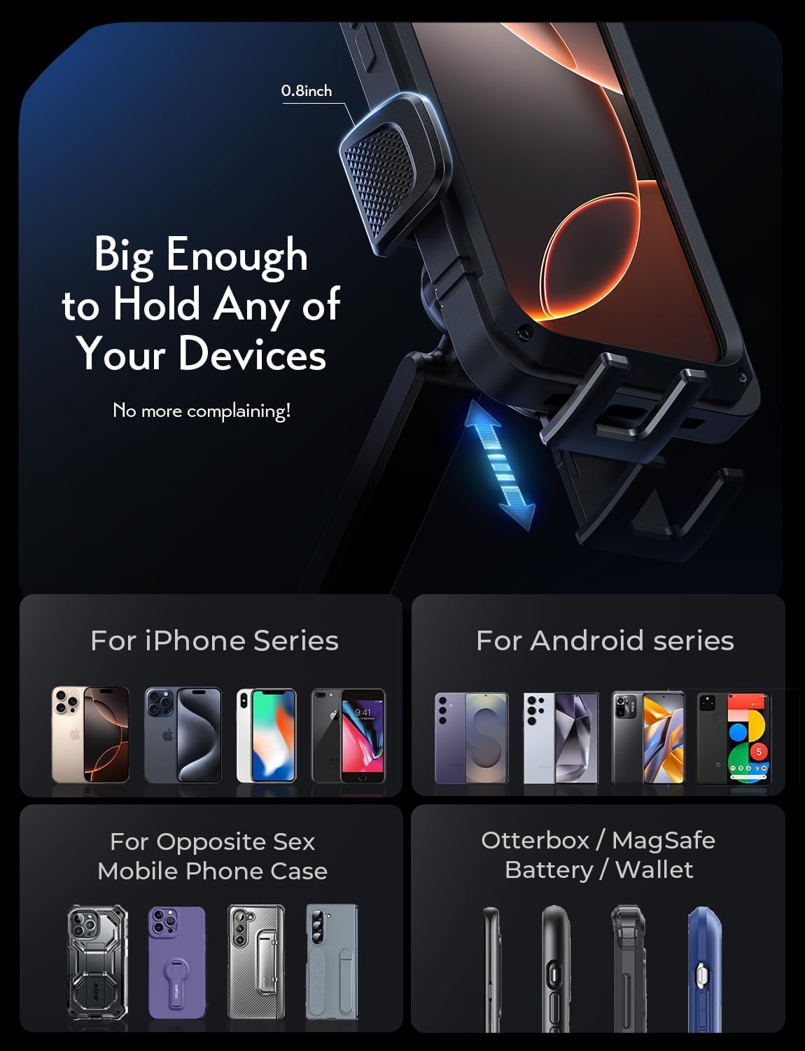LISEN A680 electric vacuum car phone holder with auto-suction, 360° rotation, fits all phones, mounted on car dashboard.