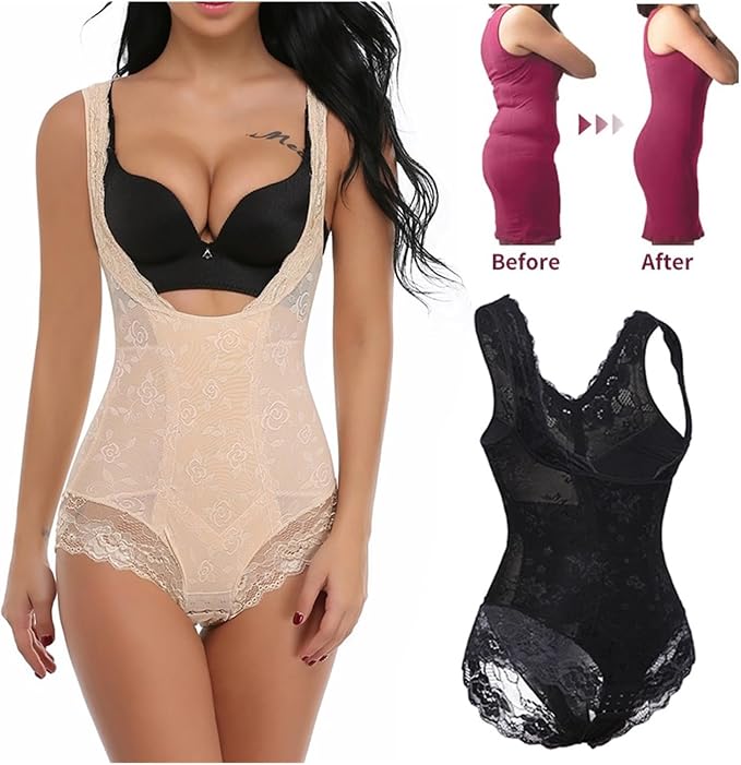 LYGBAOFUL women's lace shapewear bodysuit in XL beige with tummy control, open bust design, and butt lifting body shaper.