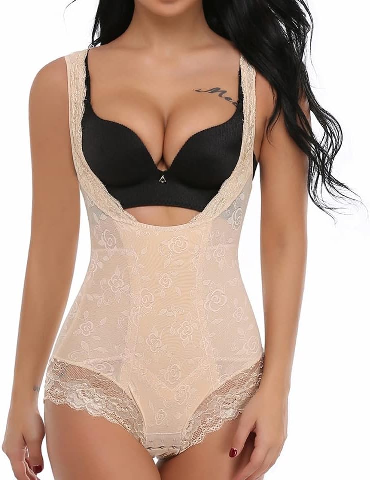 LYGBAOFUL women's beige lace shapewear bodysuit with tummy control, open bust, and butt lifting design in size XL.