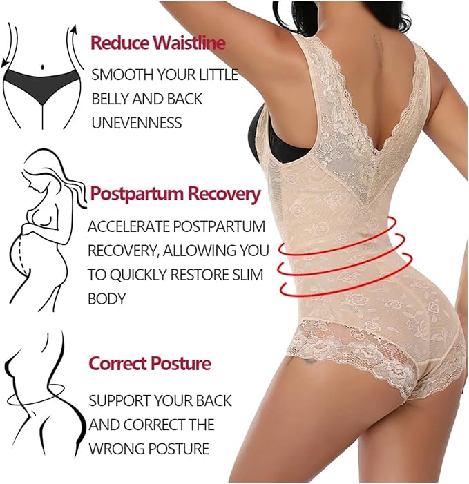LyGBAOFUL women's beige lace shapewear bodysuit with tummy control, open bust, and butt lifter for slimming and shaping.