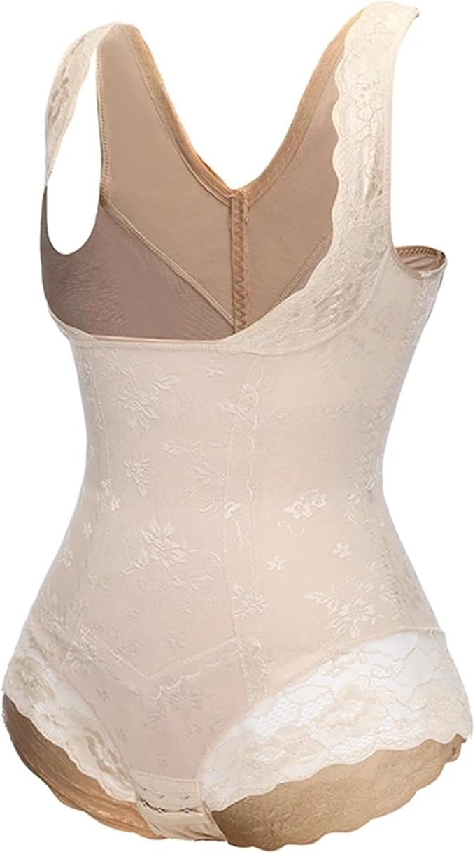 LYGBAOFUL women's lace shapewear bodysuit in beige, XL, featuring tummy control, open bust, and butt lifting design.