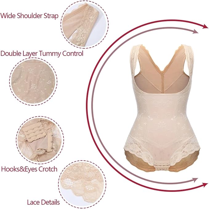 LYGBAOFUL women's lace shapewear bodysuit in XL beige with tummy control, open bust design, and butt lifting body shaper.
