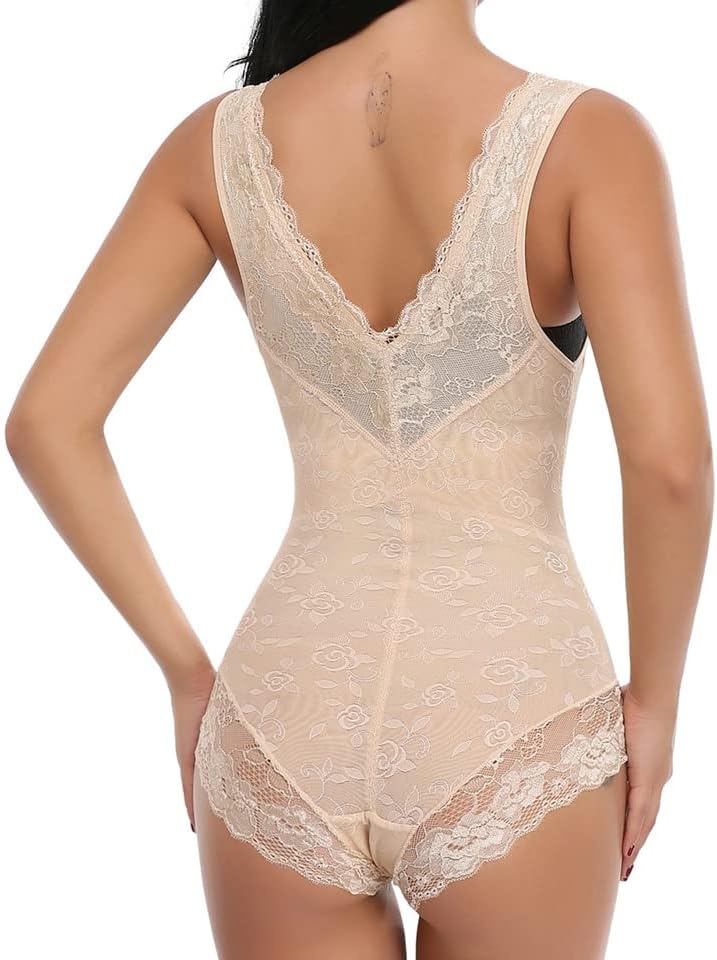 LYGBAOFUL women's beige lace shapewear bodysuit with tummy control, open bust design, and butt lifting body shaper in XL size.