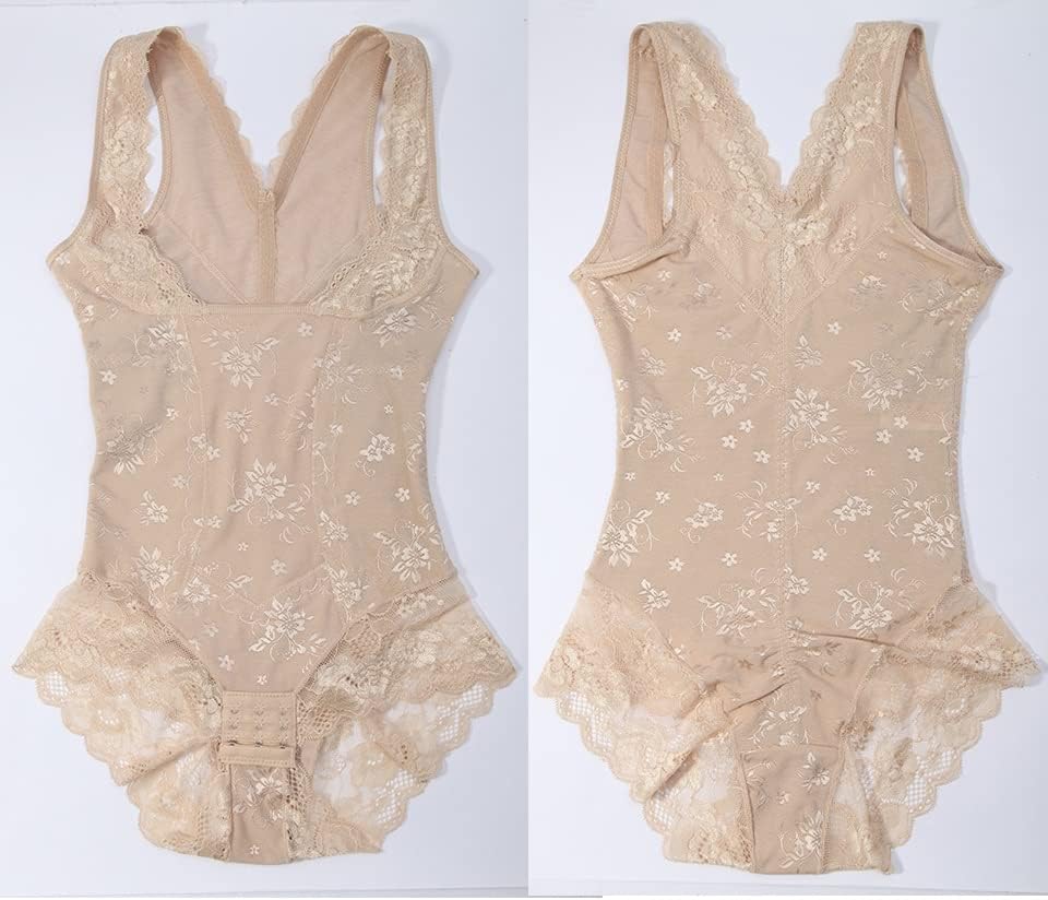LYGBAOFUL women's lace shapewear bodysuit in XL beige with tummy control, open bust design, and butt lifting features.