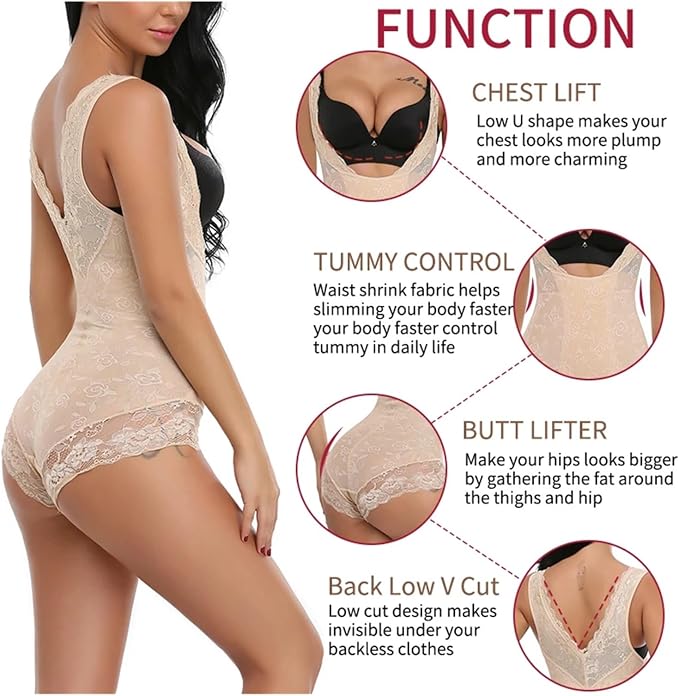 LYGBAOFUL women's lace shapewear bodysuit in XL beige, featuring tummy control, open bust, and butt lifting design.