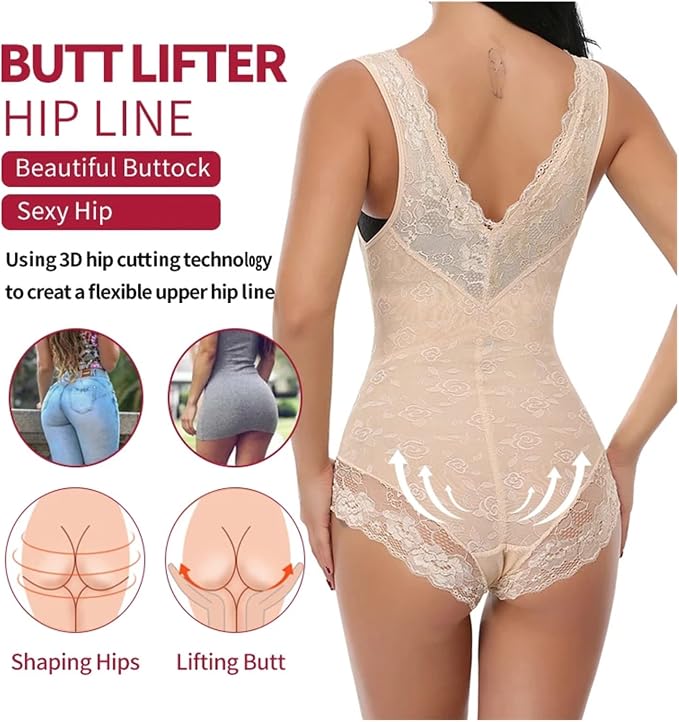 LYGBAOFUL women's lace shapewear bodysuit in beige with tummy control, open bust, and butt lifting design, size XL.
