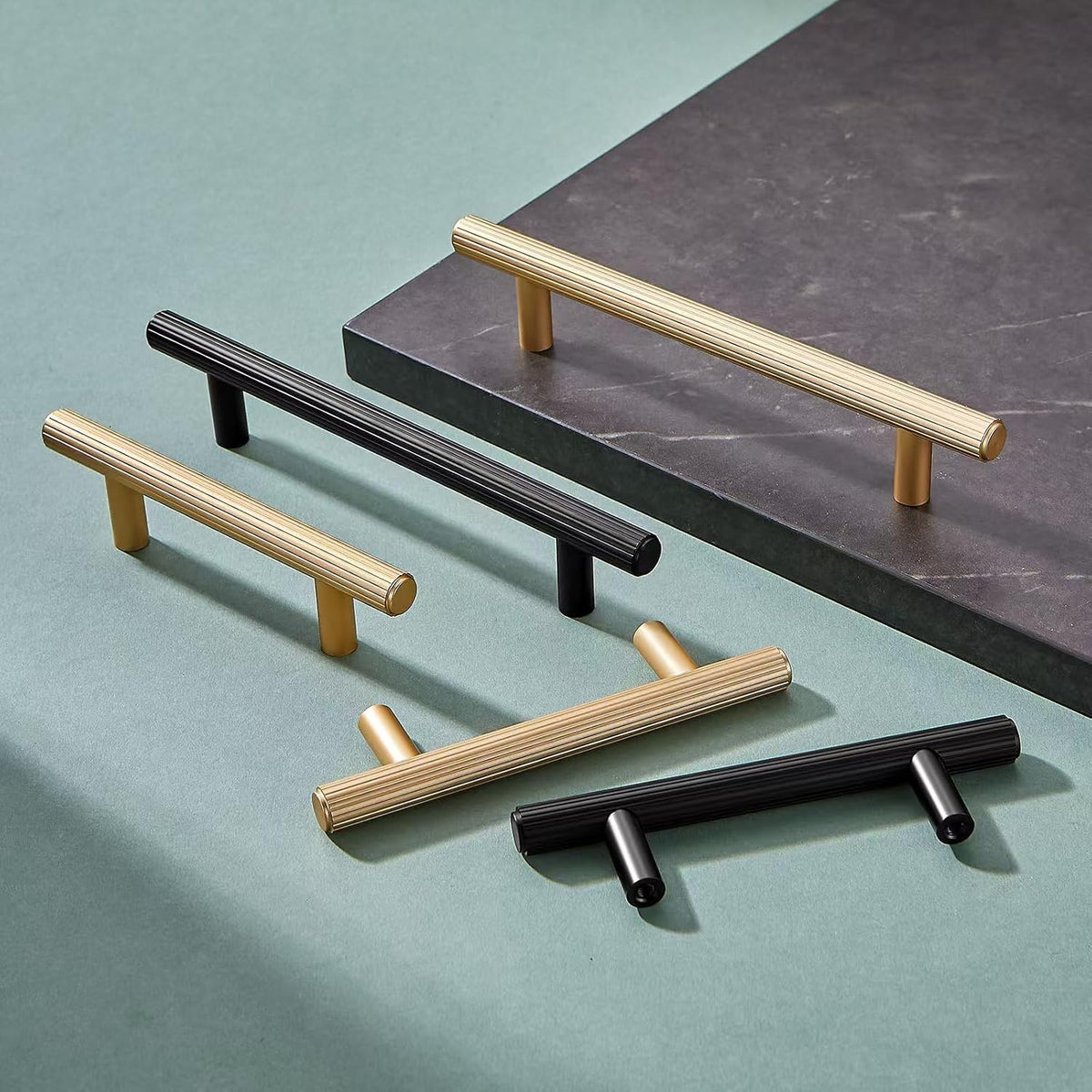 L&lonpa Black Cabinet Handles 10 Pack - 128mm (5") Modern Ribbed Kitchen Pulls - Solid Aluminium