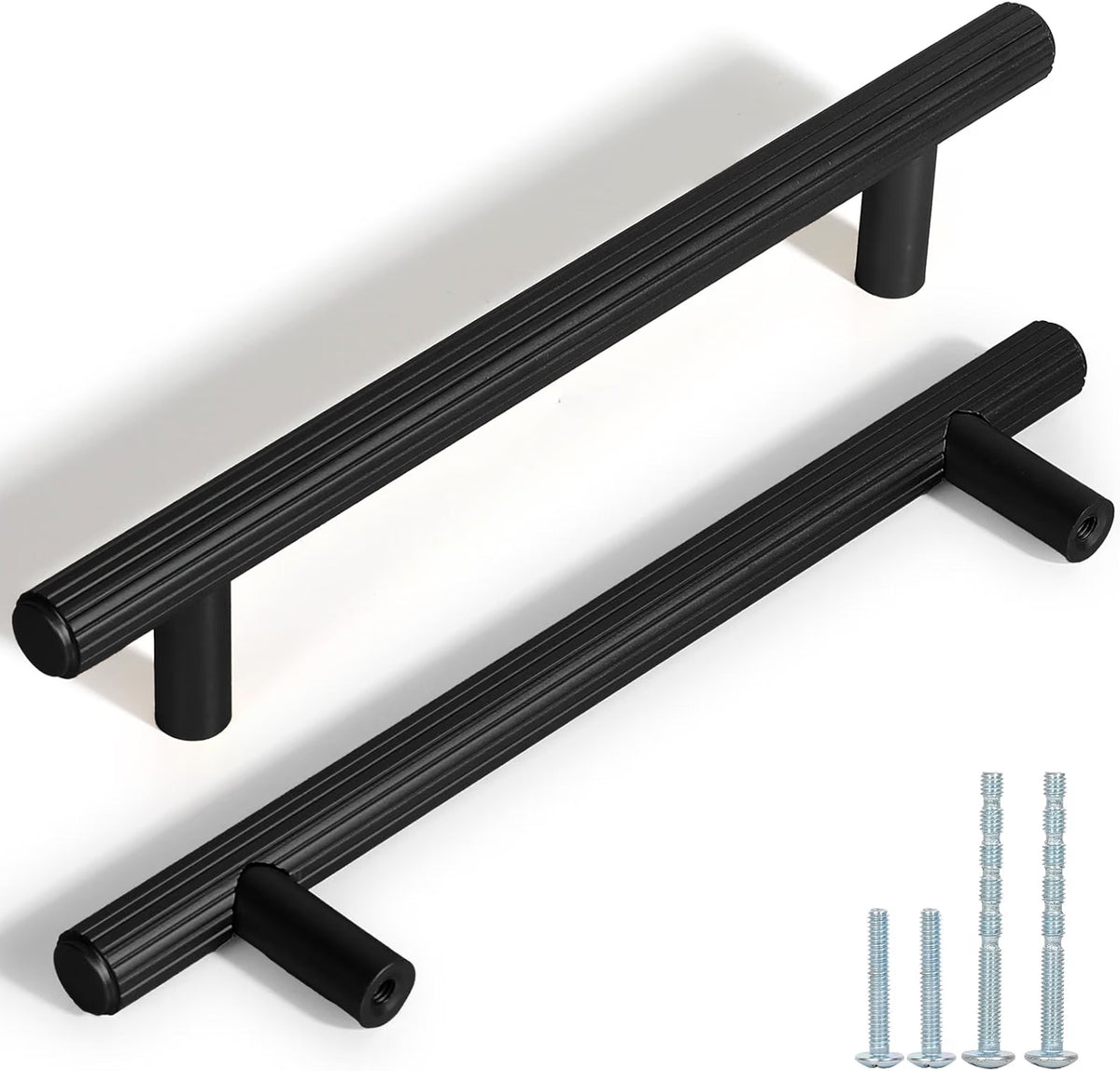 L&lonpa Black Cabinet Handles 10 Pack - 128mm (5") Modern Ribbed Kitchen Pulls - Solid Aluminium