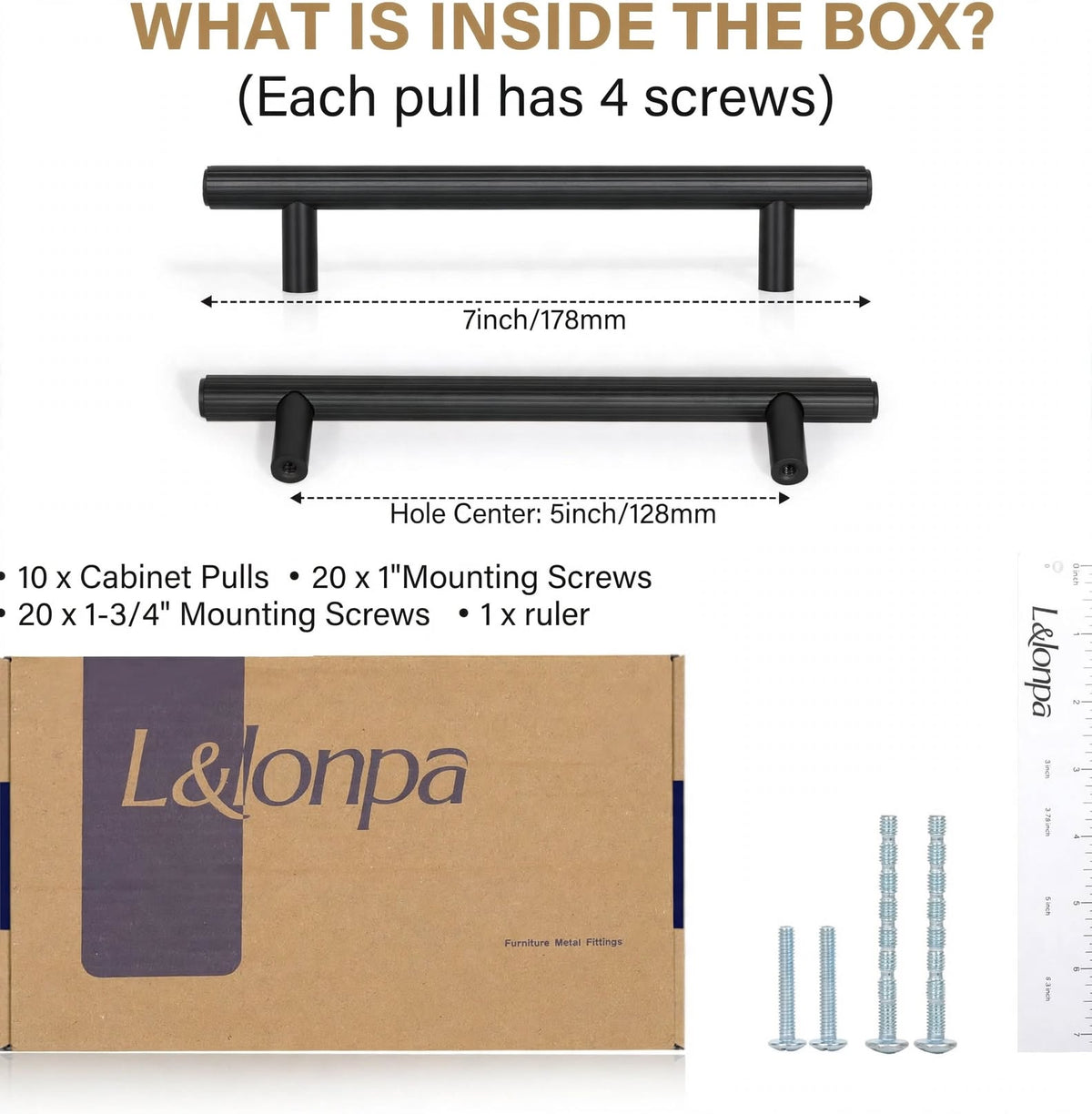 L&lonpa Black Cabinet Handles 10 Pack - 128mm (5") Modern Ribbed Kitchen Pulls - Solid Aluminium