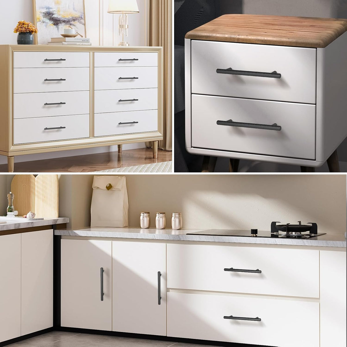 L&lonpa Black Cabinet Handles 10 Pack - 128mm (5") Modern Ribbed Kitchen Pulls - Solid Aluminium