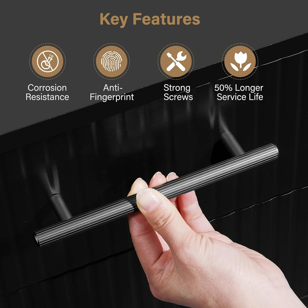 L&lonpa Black Cabinet Handles 10 Pack - 128mm (5") Modern Ribbed Kitchen Pulls - Solid Aluminium