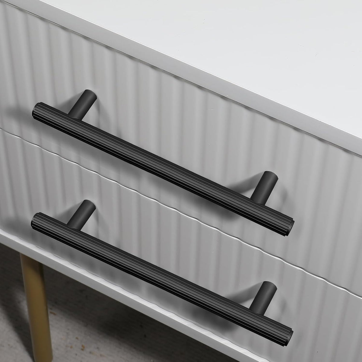 L&lonpa Black Cabinet Handles 10 Pack - 128mm (5") Modern Ribbed Kitchen Pulls - Solid Aluminium