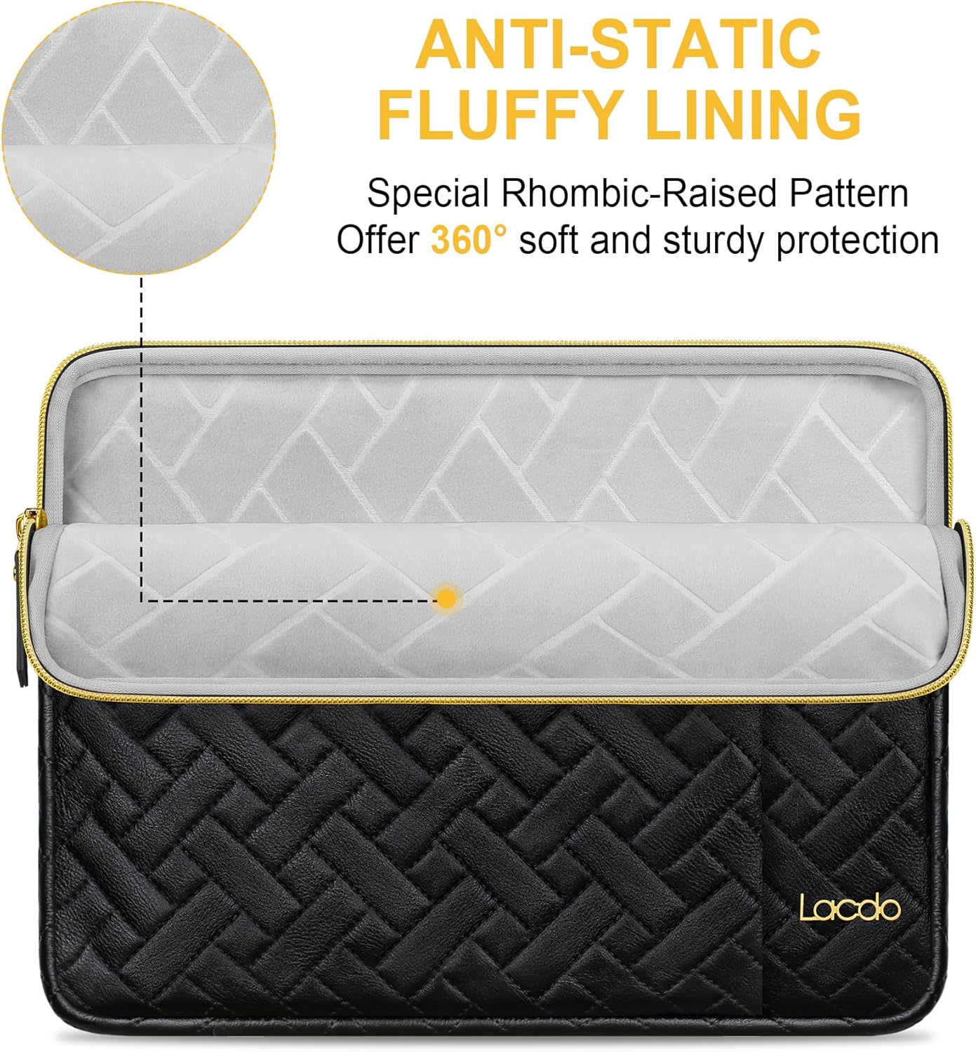 Black Lacdo 15.6-inch laptop sleeve case with 4-layer protection and spacious pockets for eco-friendly laptop storage.