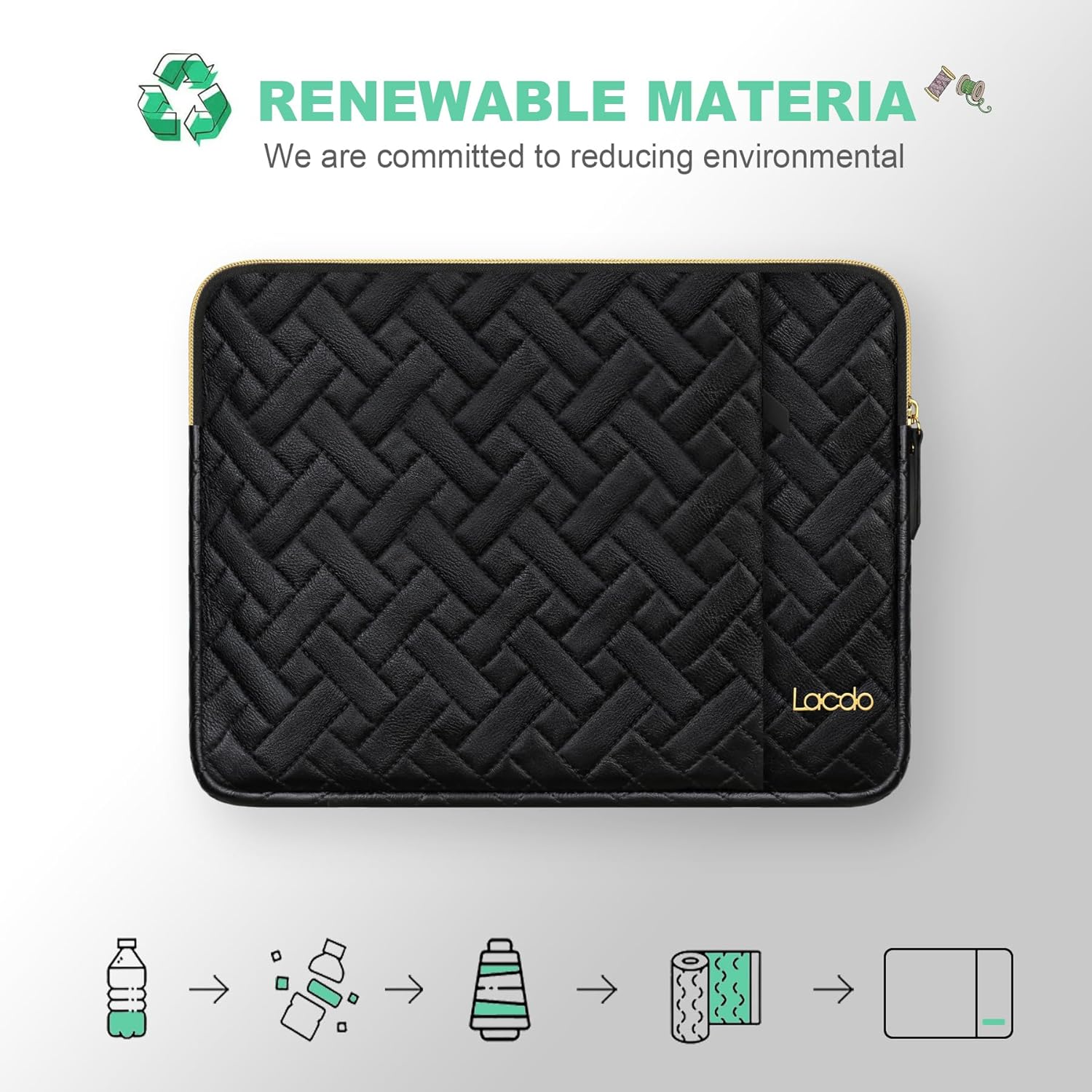 Black Lacdo 15.6-inch eco-friendly laptop sleeve with 4-layer protection and spacious pockets for storage.