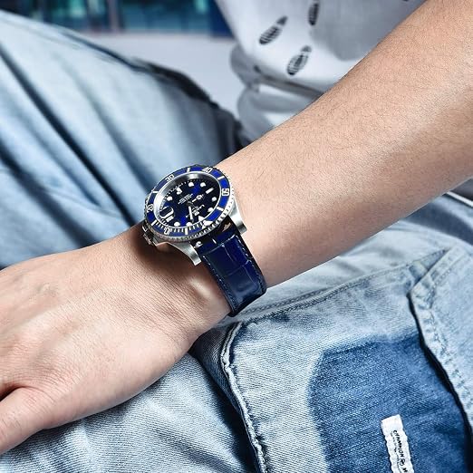 Landwin 20mm Quick Release Leather Watch Strap - Alligator Embossed Blue/Black | Men & Women Smartwatch Band, Stainless Steel Buckle